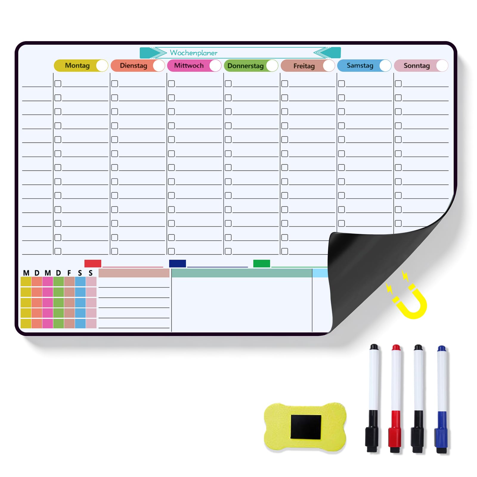 60×40cm Magnetischer Wochenplaner Abwischbar, Magnettafel Kühlschrank, Wiederverwendbarer Monatsplaner, Whiteboard Wochenplan für die Familie, Ernährungsplanung, To-Dos und Arbeit