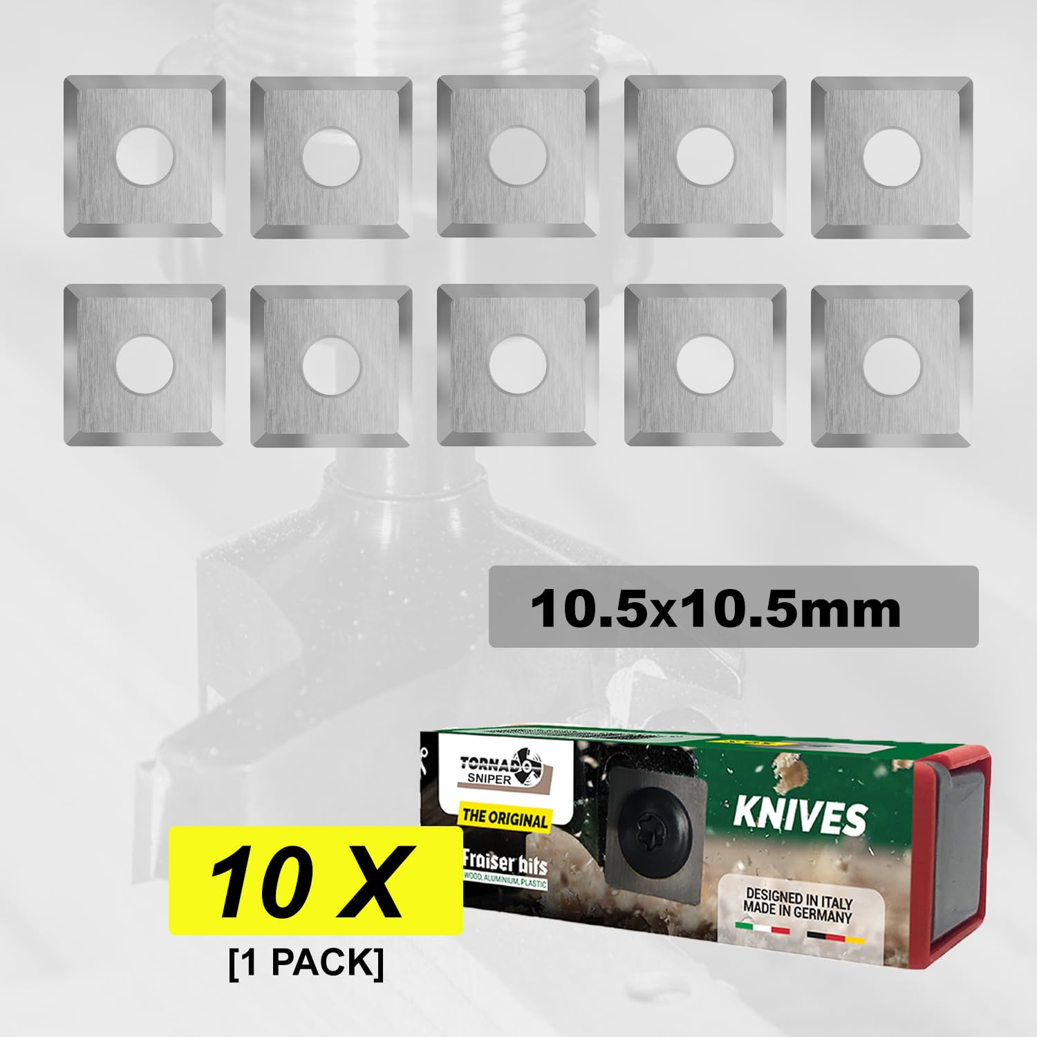 Fraiser coltellini/inserti reversibili di ricambio compatibili con frese per spianare tipo Tornado - in metallo duro HM (widia) - confezione da 10 pezzi (HM Raggiati, 10,5x10,5 mm)