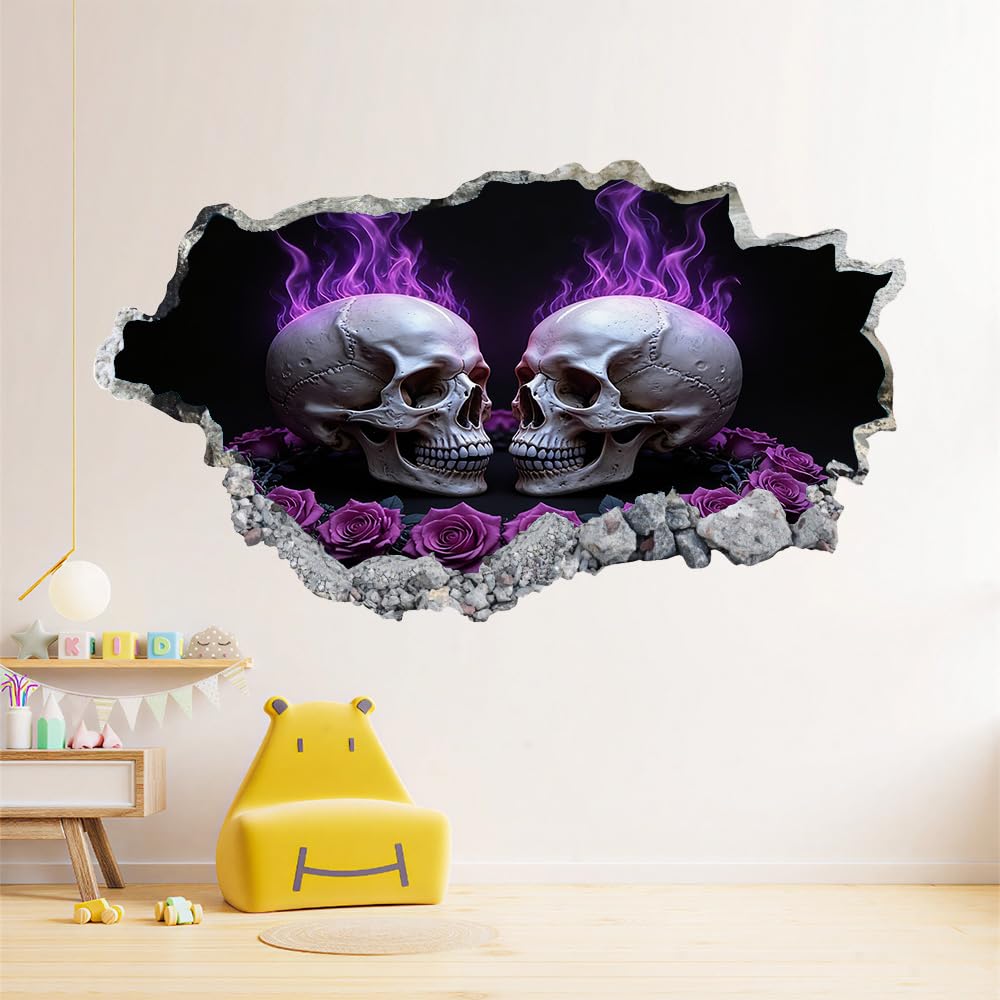 Decalcomanie da muro Art 3D Fracassato Cranio Adesivi murali removibili Fumo Viola Carta da parati Camera da letto autoadesivo per ragazze Camera da letto Nursery Home Decor Gift