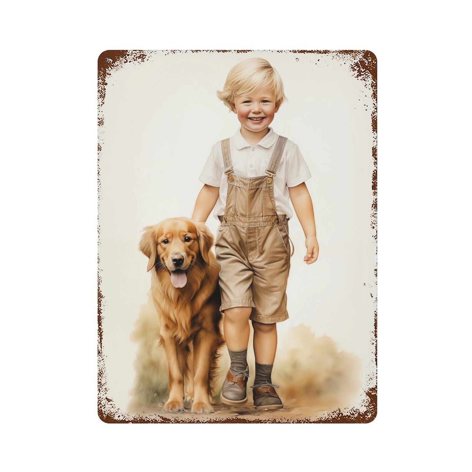 Kid And Golden Retriever Retro Metal Sign 15.7"x11.8", Farmhouse Wall Decor for Cafe, Home Bar And Lounge Decor