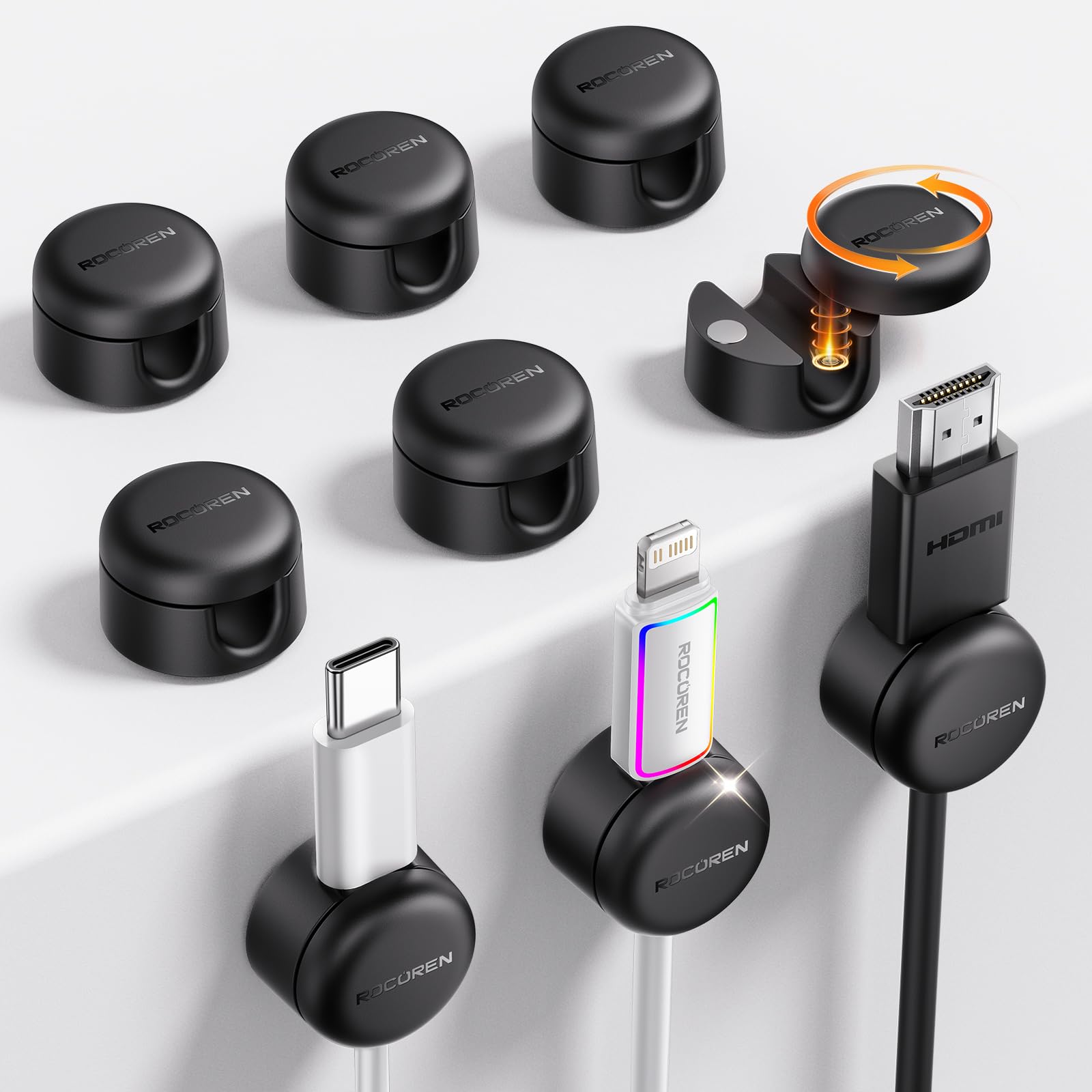 Rocoren Kabelhalter Selbstklebend Kabelhalter Magnetisch Kabelmanagement Kabelclips Organizer Holder [360° Drehbar] für Schreibtisch, Nachttisch, Office, Büro, Ladekabel, Audiokabel 9 Stück