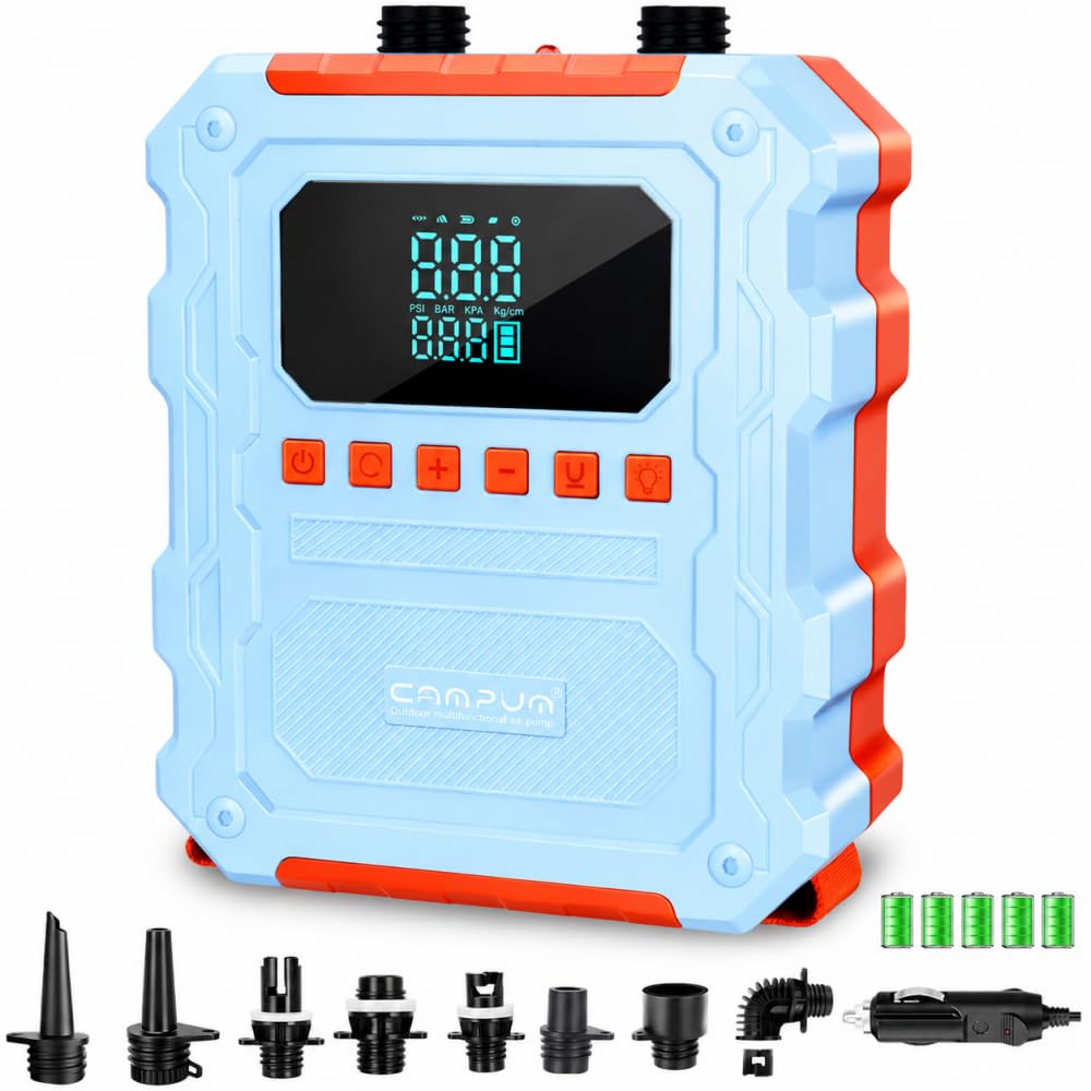 KinZon Pompa ad Aria Elettrica 60 PSI Alta Pressione per SUP, ricaricabile, compatibile con presa auto 12V, spegnimento automatico, gonfiaggio/sgonfiaggio, per paddle, kayak e pneumatici