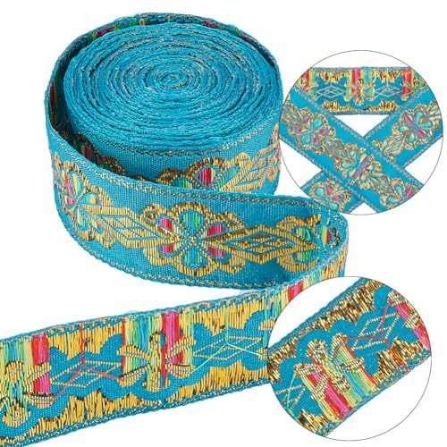 GORGECRAFT 7.7Yds Ethnic Embroidery Lace Ribbon 1.77" Vintage Geometric Jacquard Metallic Turquoise Ribbon Floral Woven Trim Embellishment for DIY Sewing Accessories Gift Wrapping Handmade Bag Making - Thumbnail 6