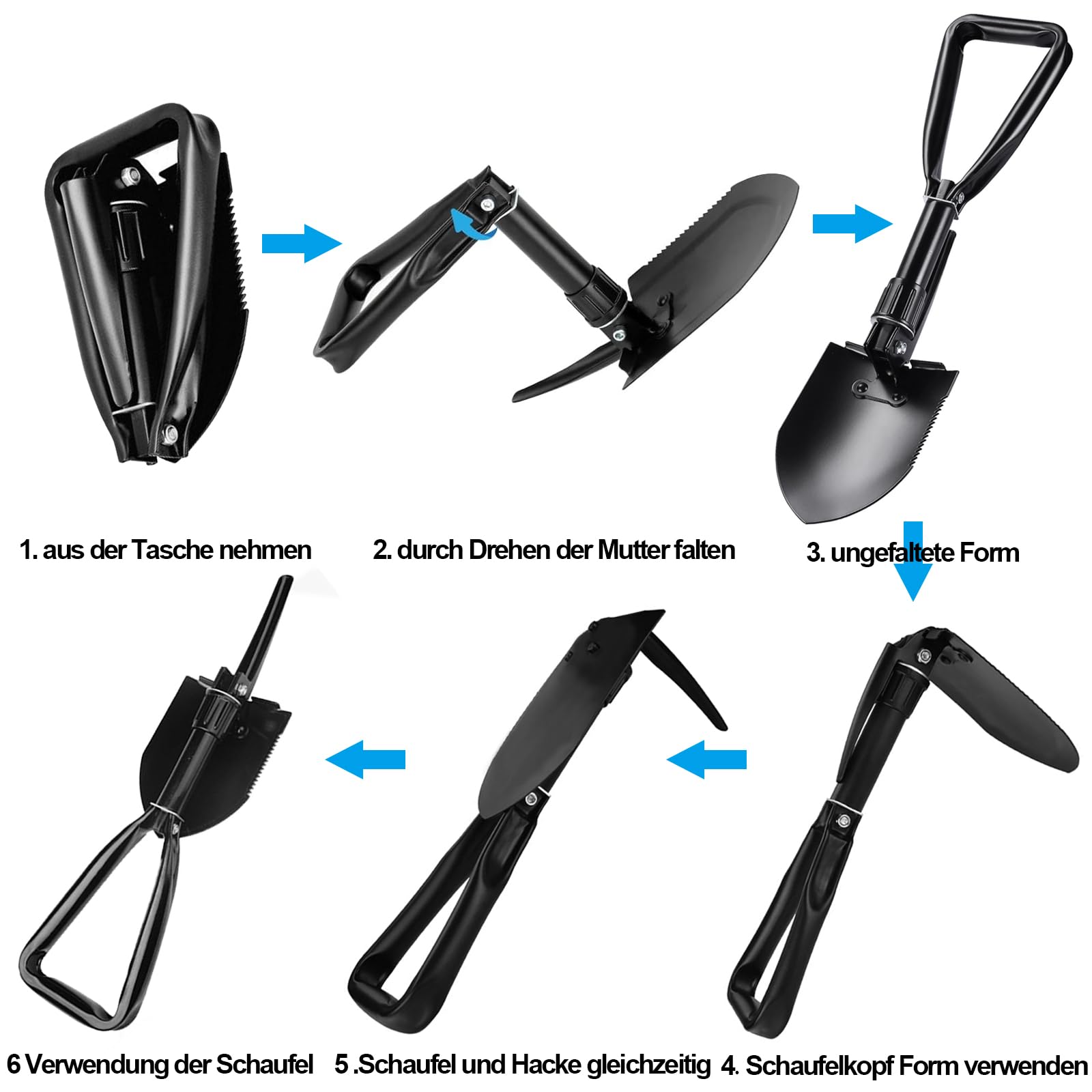 Pala Plegable, Negra pala de Camping Multifuncional, Pala Plegable Desmontable con Bolsa de Transporte