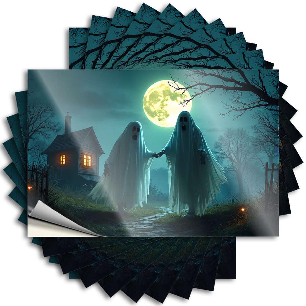 Small Stickers Aesthetic Decals, Outside Fall Decor Cute Pattern Design for Student Notebook | Helmet Removable Vinyl Two Ghosts Holding Hands Under A Full Moon(6X9CM)