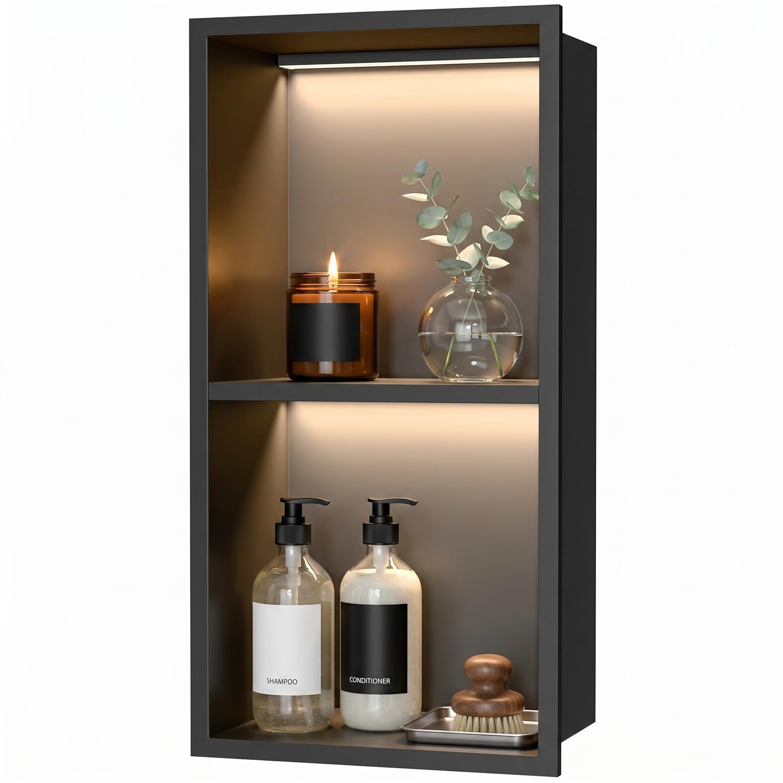60 x 30 cm Wandnische Dusche, 304 Edelstahl Eingebettete Duschnische mit LED-Beleuchtung & Transformator, Zweilagig Wandnische Dusche Einzelregal Lagerung für Badezimmer Aufbewahrung & Dekoration