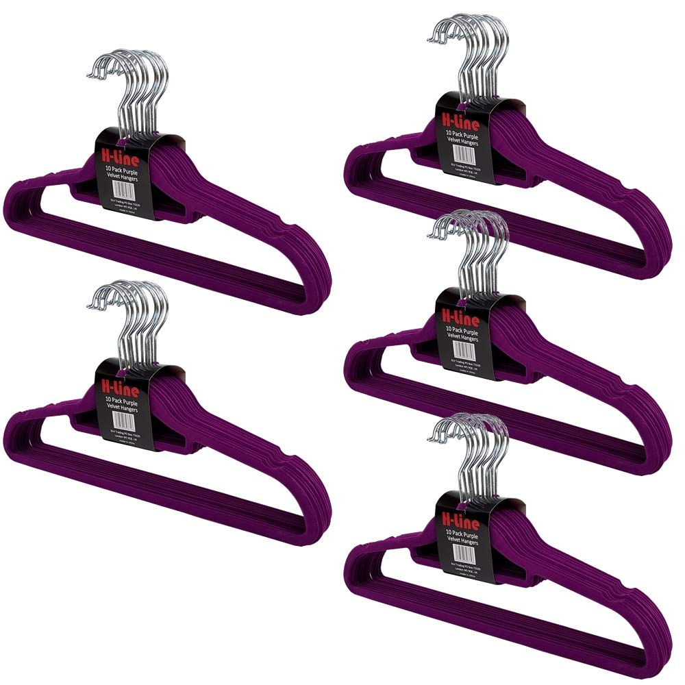 H-line 50 x Non Slip Flocked Velvet Coat Clothes Hangers Trouser Hanging Space Saving (Purple)