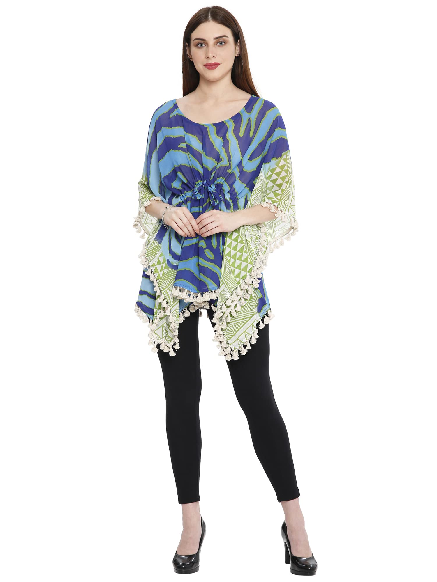 InTrend Forever Geometrical Print Kaftan Top with Tassel Trims Beachwear Bikini Coverup for Women with Adjustable String Free Size Blue Green