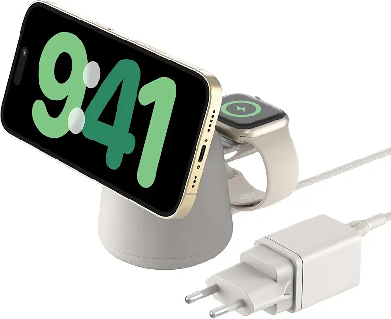Belkin BoostCharge Pro Kabellose 2-in-1-Ladestation mit Qi2, 15W, MagSafe-Kompatibles Ladegerät für iPhone 17, Air, Pixelsnap, Apple Watch, AirPods, andere Qi2-Geräte, inklusive Netzteil – Sandfarben