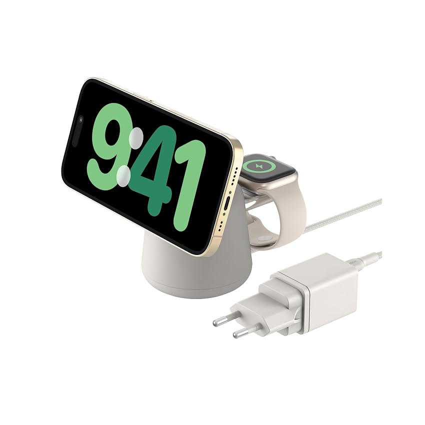 Belkin BoostCharge Caricabatteria wireless 2 in 1 con Qi2 da 15 W, caricatore MagSafe per iPhone 16, 15, 14, 13, 12, Apple Watch, AirPods e altri dispositivi Qi2, alimentatore incluso, grigio sabbia