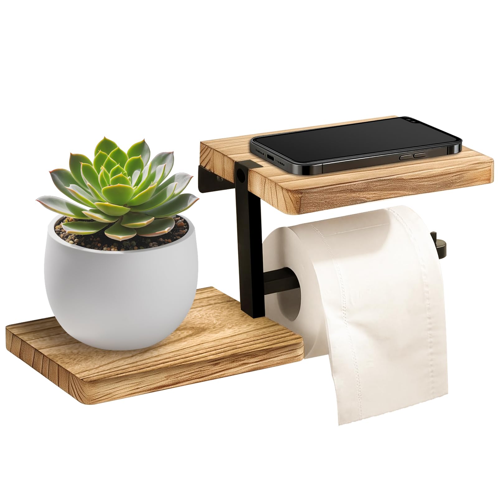 Porte Papier Toilette Mural avec Tablette, Support en Bois à Fixation Murale, Montage par perçage, Organisateur Vintage pour Papier WC, téléphone et déco