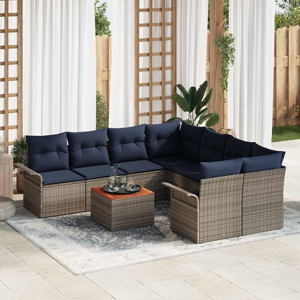 Set Divano da Giardino 9 Pezzi Modulare Polyrattan Grigio Blu Navy con Cuscini Coperta Impermeabile Resistente UV per Terrazza Esterno Salotto