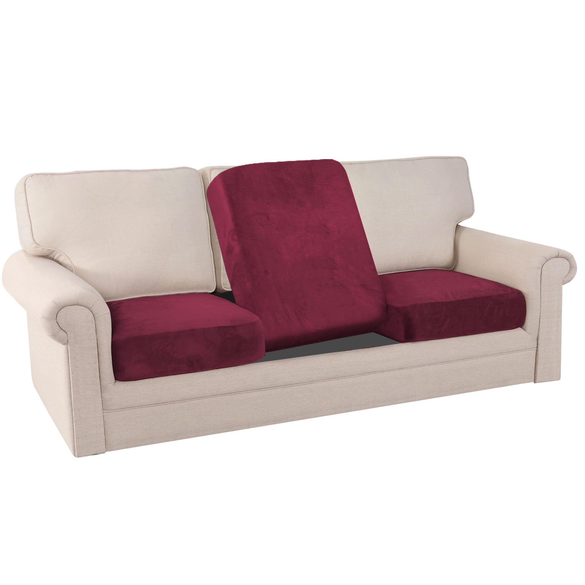 PrinceDeco Stretch Couch Cushion Covers Fitted Individual Seat Couch Slipcover Sets Velvet Fabric Soft Slip Cover for Chair Sofa Cushion Furniture Protector(Each Width Up to 29.5",Burgundy)