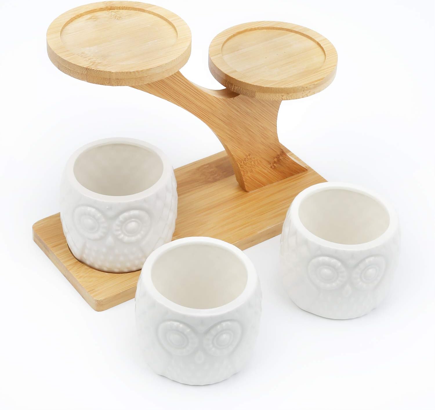OUSHINAN Mini White Ceramic Owl Garden Pots Decorative Nursery Succulent Planters with 3- Tier Bamboo Tray for Room Decor