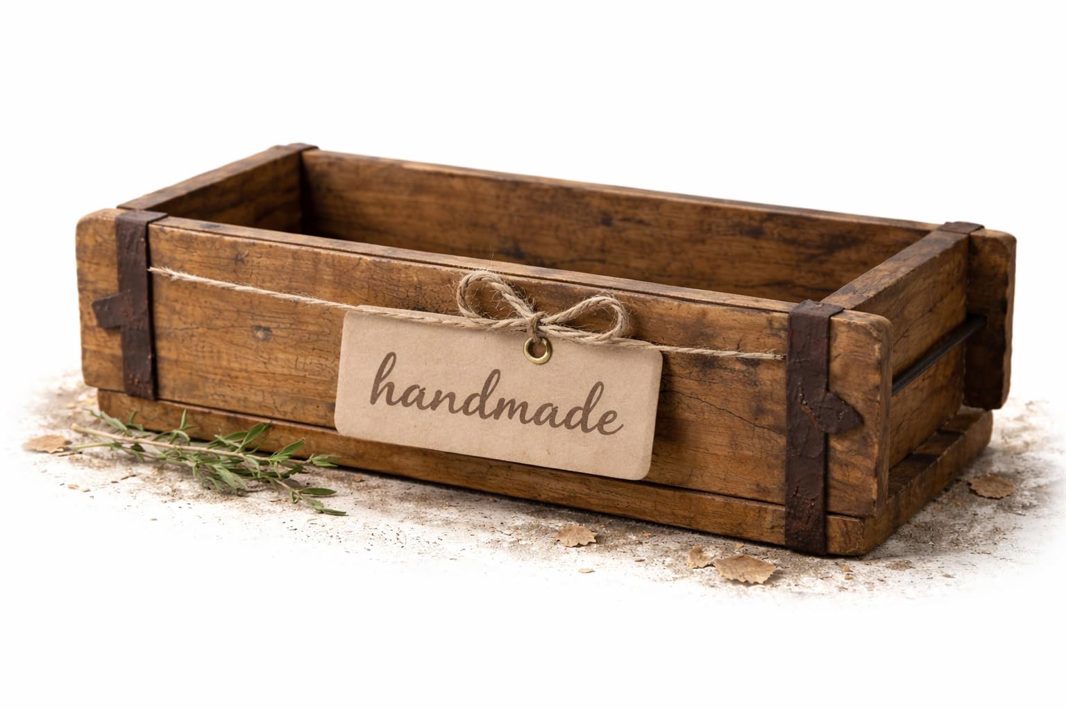 MC-Trend Unique Brick Shaped Wooden Box With Brown Metal Hardware - Rustic Storage 32cm - Used Look Retro Style Antique