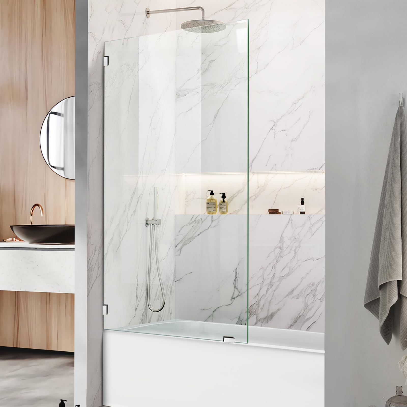 34" W x 58" H Frameless Single Fixed Bath Panel, Fixed Bathtub Screen with Clamps, 1/4" Clear Glass, Bathroom Shower Door Screen Fixed Tub Shower Glass Door Panel, Silver