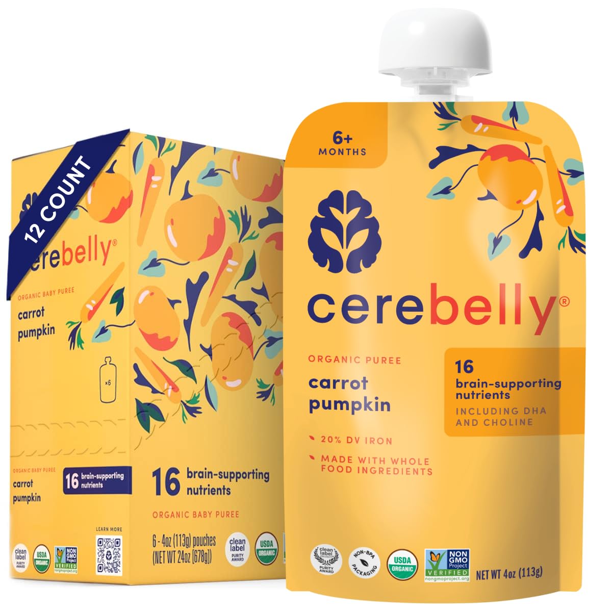 Cerebelly Organic Baby Food Pouches  Organic Veggie Purees for Toddlers | No Added Sugar, Fiber, Non-GMO | Blended Toddler Food | 4oz BPA-Free Baby Food | Carrot Pumpkin | 12 Count