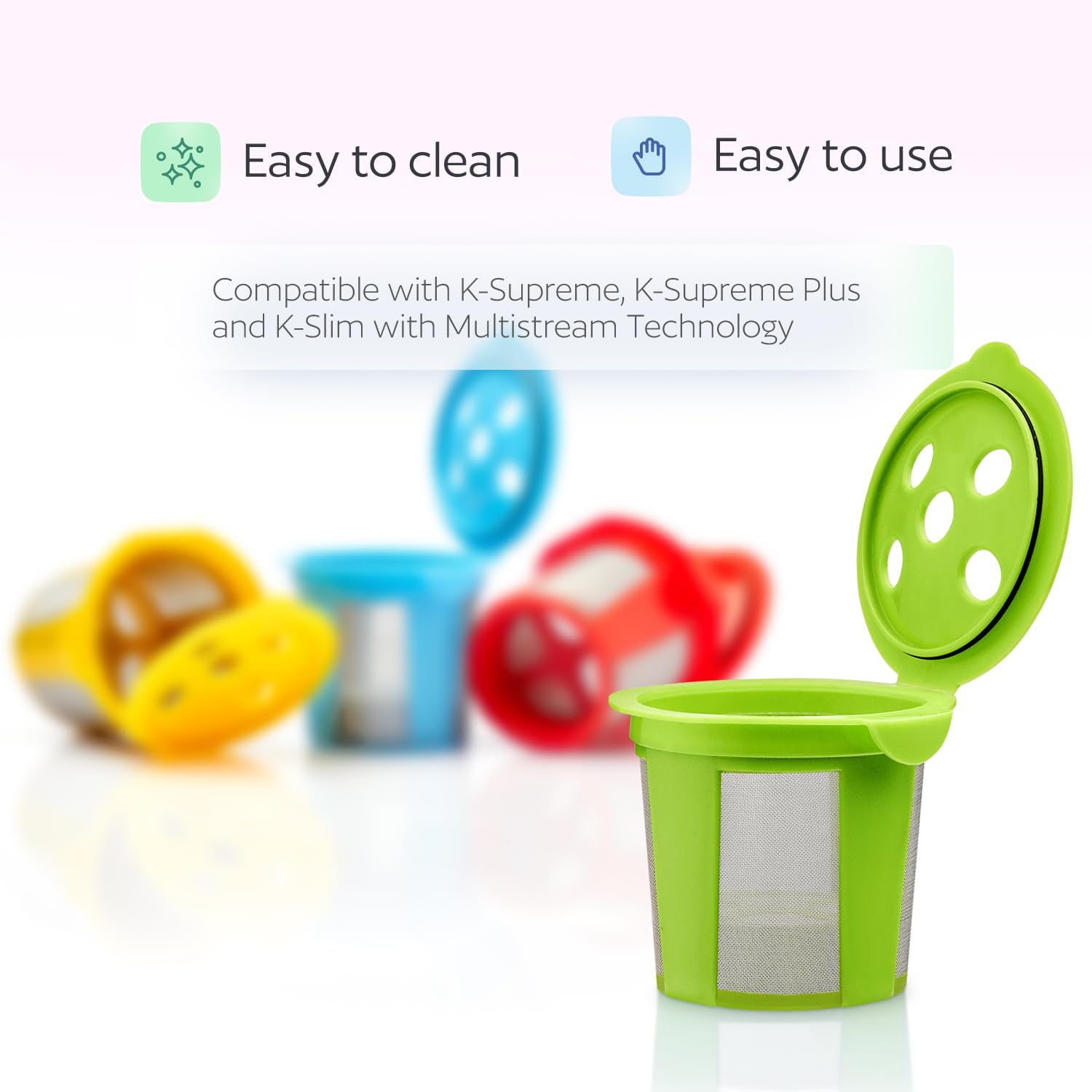 4 tazas K reutilizables para Keurig K Supreme, K Supreme Plus, K Slim, K-Brew Chill, K-Duo Hot & Iced con tecnología Multistream. Filtros de café recargables de 4 colores para cafeteras Keurig