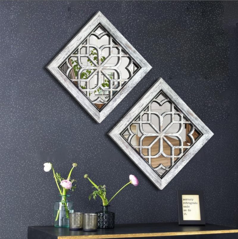 Boho Square Wall Mirrors Set of 2-12" x12'Decorative Mirrors for Wall Decor, BrownHandcrafted Mirror Panels Perfect for LivingRoom Bedroom Entryway Hallway (Grey) Grey 12*12in-2Pcs image 2 of 9 B0F66H7QRG
