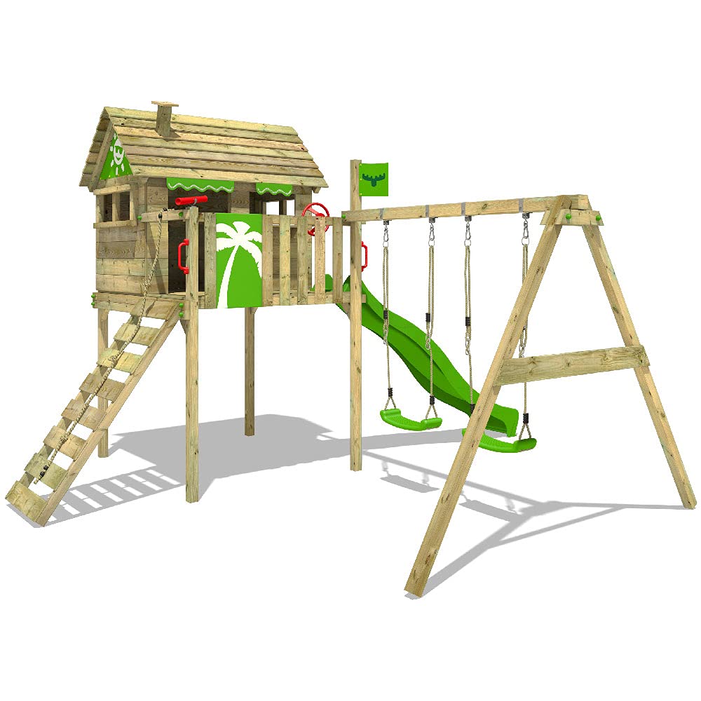 Buy FATMOOSE Wooden Climbing Frame FunFactory with Swing Set and Apple Green Slide, Playhouse on