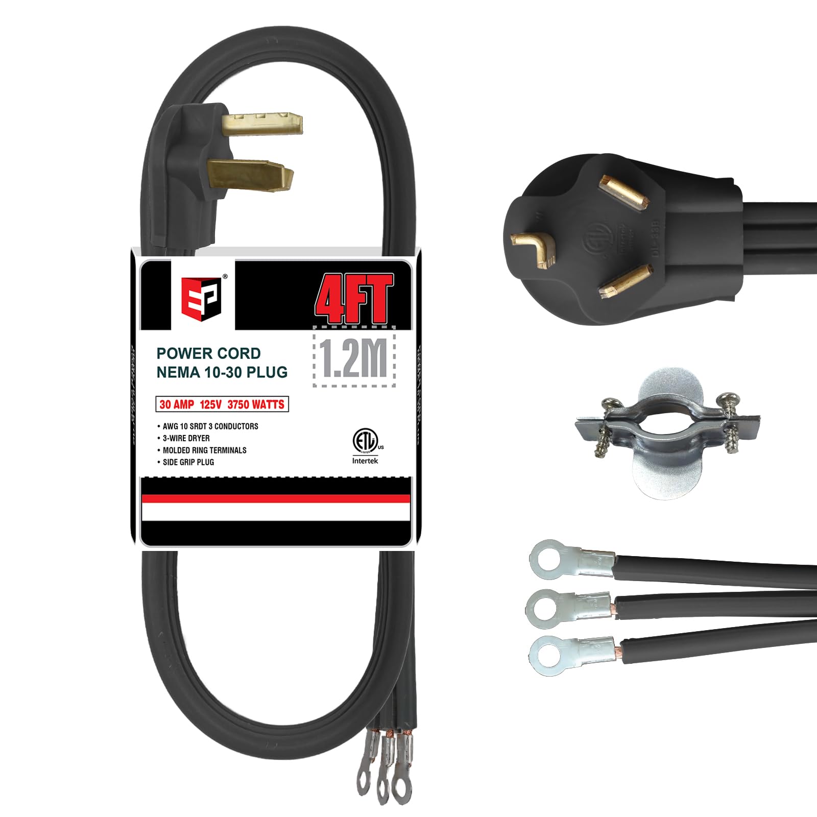EP 4 ft 3 Prong Dryer Cord, 10/3 SRDT Flat Plug, Black