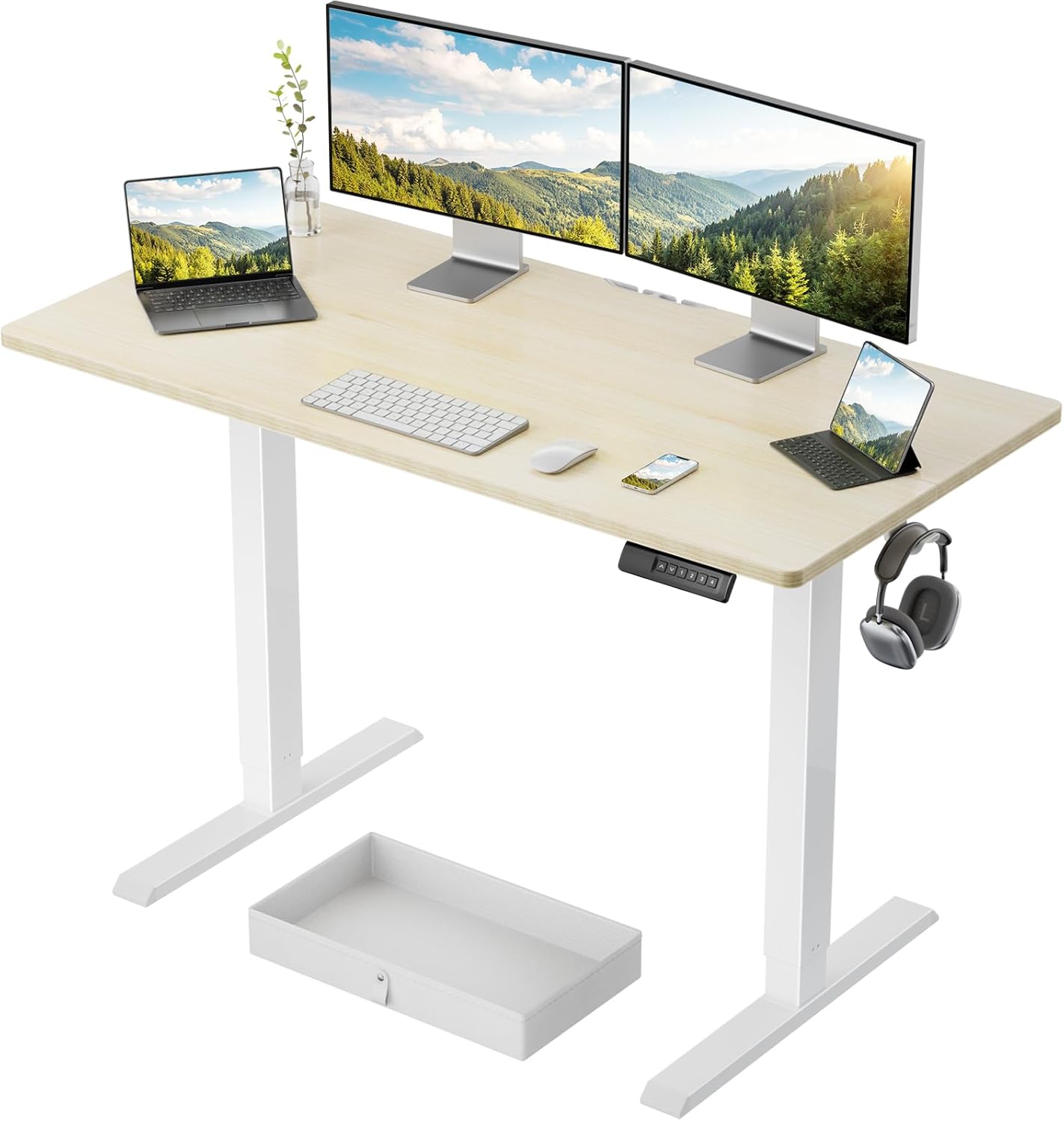 Marsail 48x24 Electric Standing Desk with Drawer, Computer Desk, Sit Stand Office Table with Storage & Hooks & Cable Management, Ergonomic Height Adjustable Table for Home Office, Maple Maple 48x24"