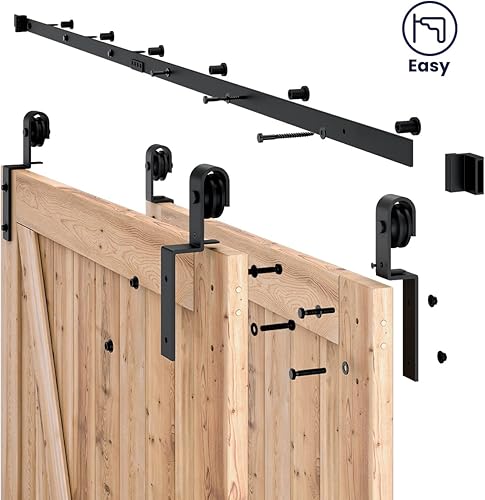 Miniatura 5 de SMARTSTANDARD Kit de herrajes para puertas corredizas de granero de 8 pies  para puertas dobles de madera  pista única  Suave y silenciosamente