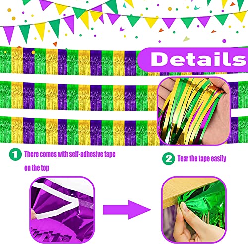 Image of 6 Pack 10 Feet Mardi Gras Foil Fringe Garland Metallic Tinsel Streamers Banner Wall Hanging Backdrop Banner for Parade Floats, Valentine's Day, Wedding, Birthday Party Decorations Gold Green Purple