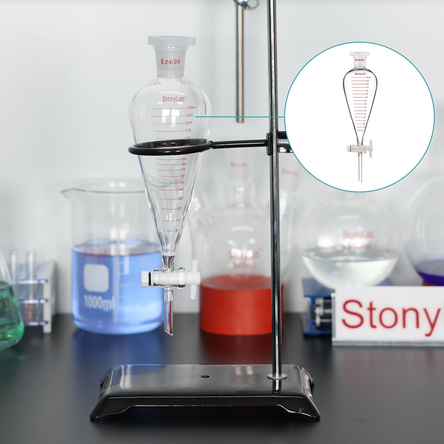 stonylab Imbuto Separatore Graduato, Parete Spessa a Forma di Pera Conica in Vetro Borosilicato, Rubinetto in PTFE e Tappo Superiore in Plastica, 250 ml