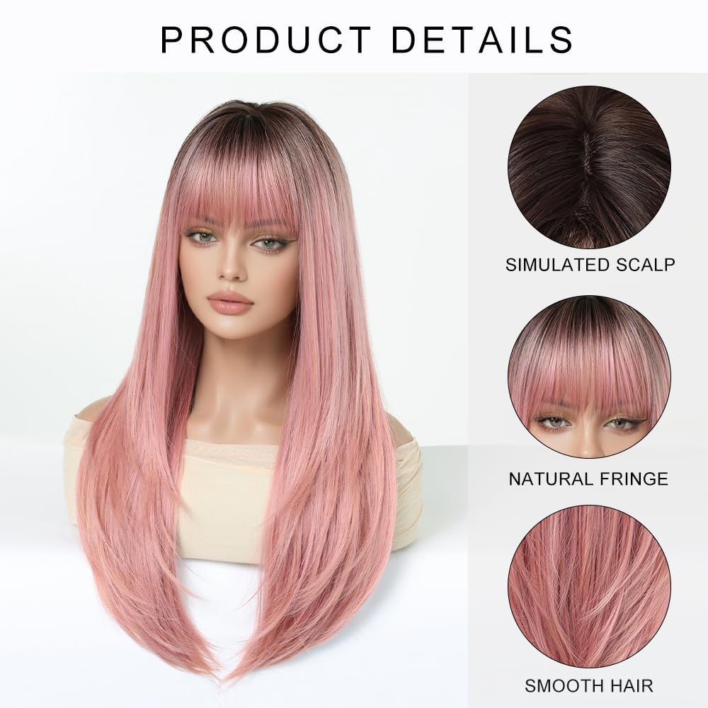 Esmee Pelucas Rectas Largas Rosa para Mujer con Flecos Peluca Ombre de Pelo Sintético Natural para Uso Diario y Fiesta