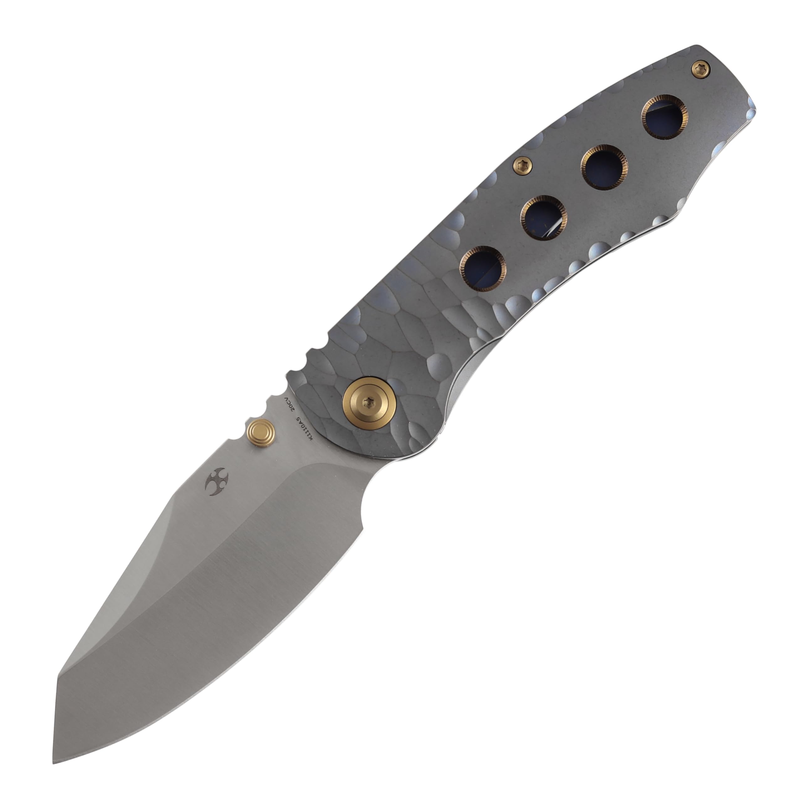 KANSEPT Caveman Pocket Knife, 3.57" Satin CPM 20CV Blade, Blue Anodized Titanium Rock Pattern Handle with Thumb stud, Robust Frame Lock and Big
