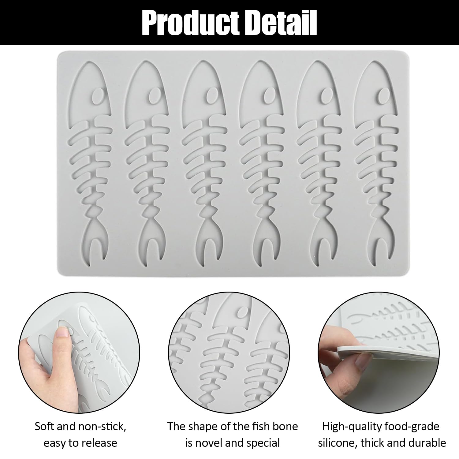 FIBOUND Fish Bone Silicone Fondant Cast, Hollow Candy Cast, Cake and Chocolate Mould, for Decoration (6 Holes) - Image 3