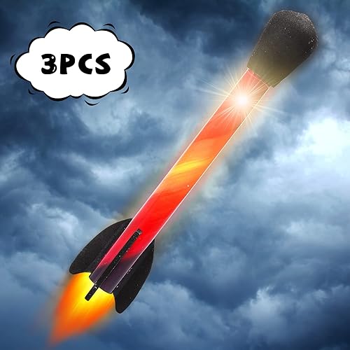Miniatura 4 de Acekid Lanzador de cohetes para niños, lanzador de dinosaurios ajustable ángulo de lanzamiento con 3 cohetes LED de lanzamiento de hasta 100 pies