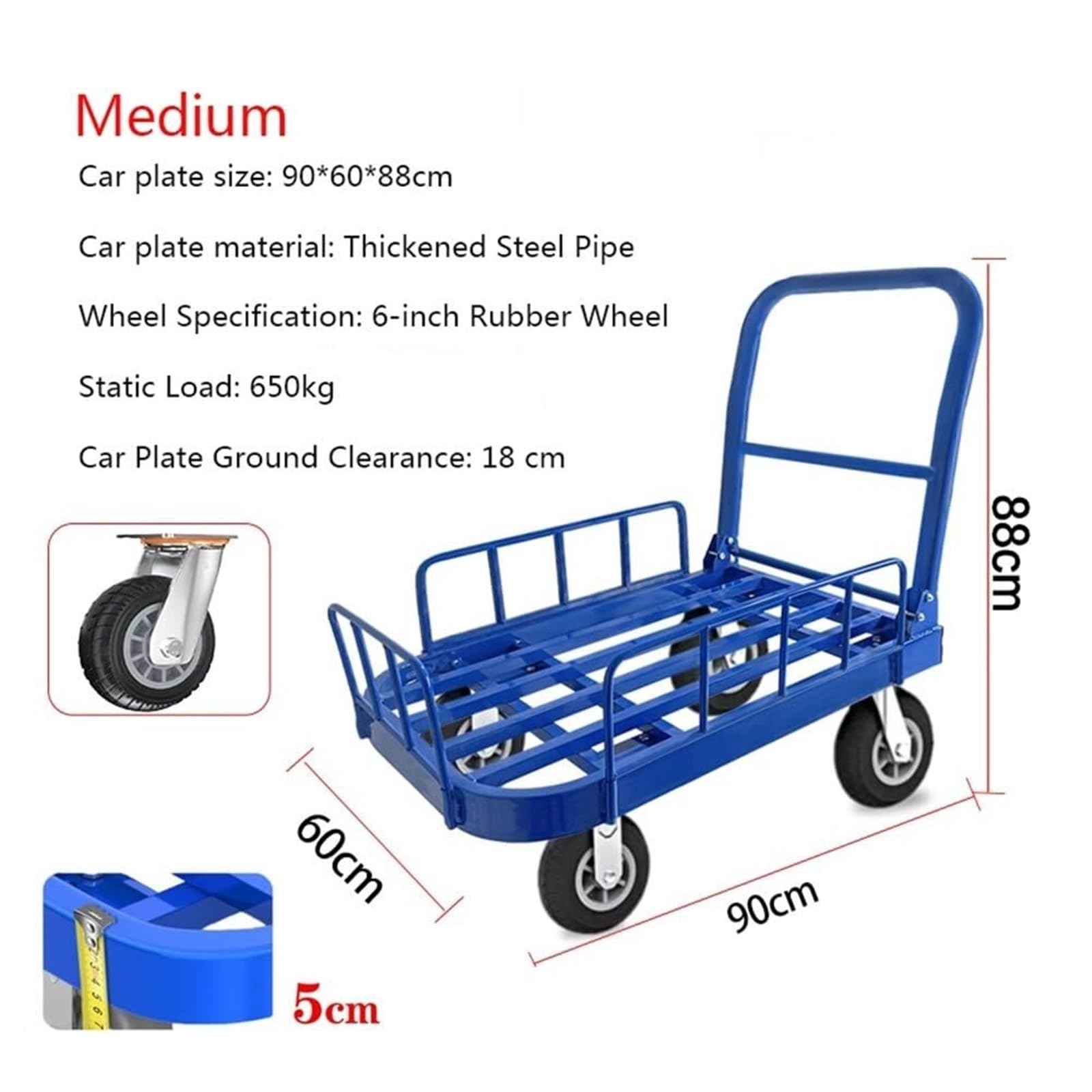 Transportkarre Hubwagen Klappbarer Flachbett-Sackkarre-Einzäunungswagen mit Leitplanken-Gehäuse-Transporter Transporthilfe(60x90x88cm)