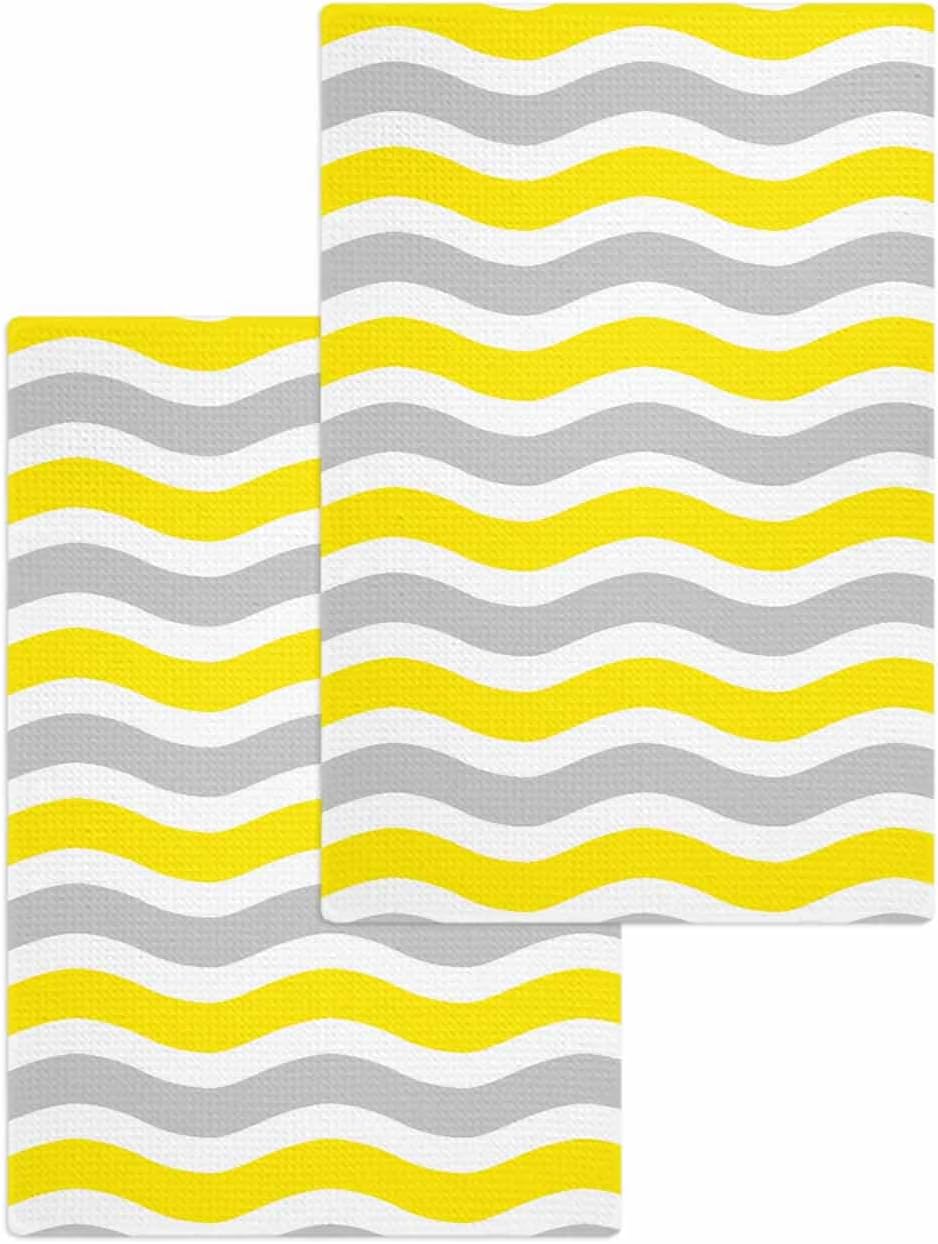 Yellow Grey White Hand Towels Set,Waffle Weave Kitchen Towels 2 Pieces,Abstract Geometric Ocean Wave Stripe Microfiber Hair Face Bath Tea Towel Absorbent Quick Drying Cleaning Dish Cloths,15.7"x23.6"