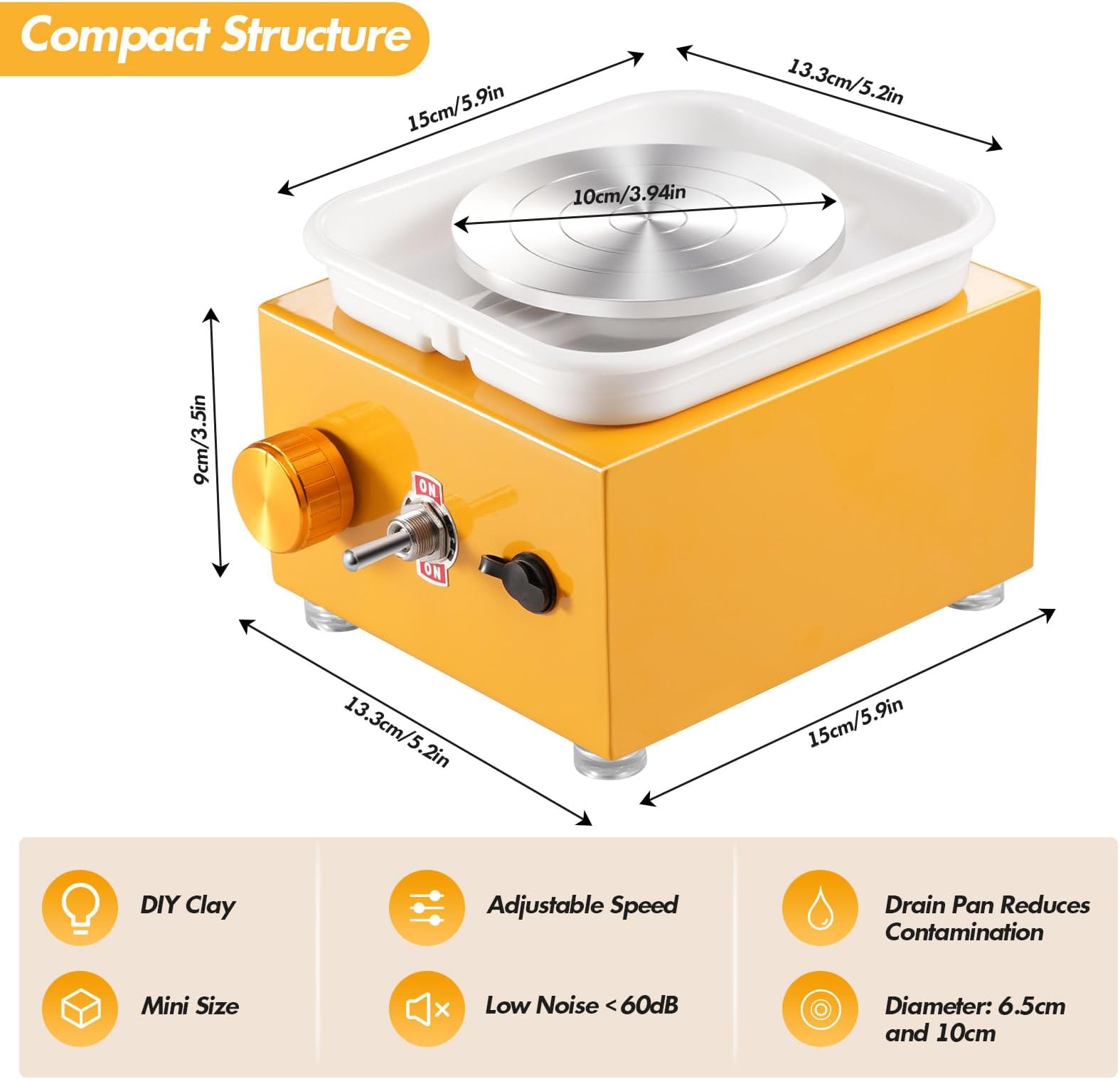 Donken Pottery Wheel, Mini Pottery Wheels 2000RPM Adjustable Speed Electric Pottery Wheel with 10cm 6.5cm Plate and Clay Tools, Ceramic Pottery Wheel Kit for Kids Adults Beginners (Yellow)