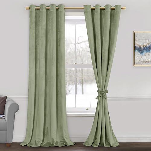 JIUZHEN Cortinas de terciopelo verde salvia, cortinas para ventana de dormitorio, cortinas de oscurecimiento de habitación, cortinas de eficiencia