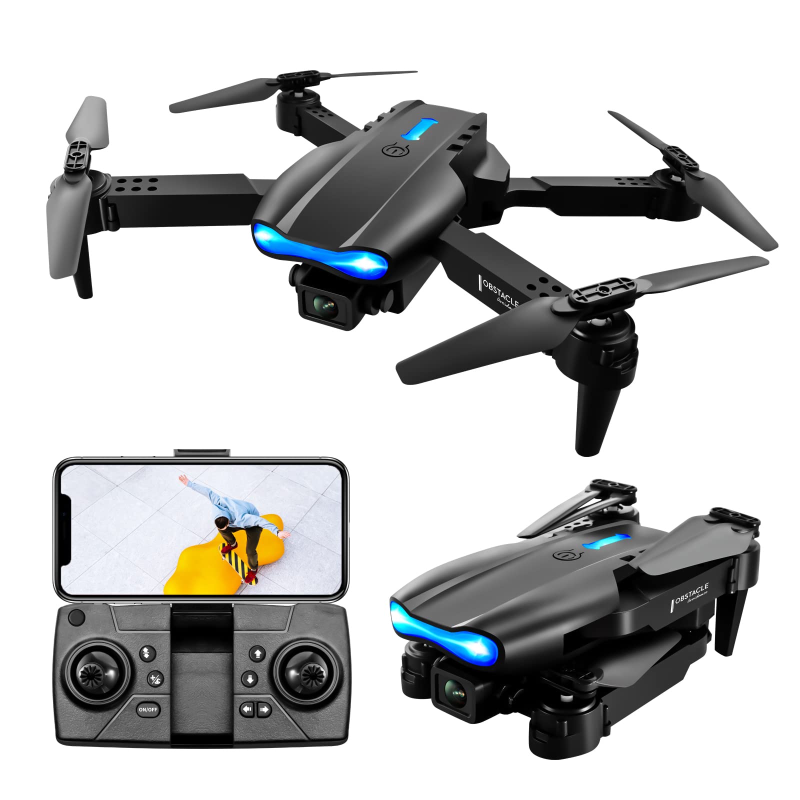 Droni RC Pieghevoli con videocamera HD per Adulti, Mini Drone RC con videocamera, evitamento Ostacoli su Tre Lati, modalità Senza Testa, commutazione Doppia videocamera 4k, sensore di gravit