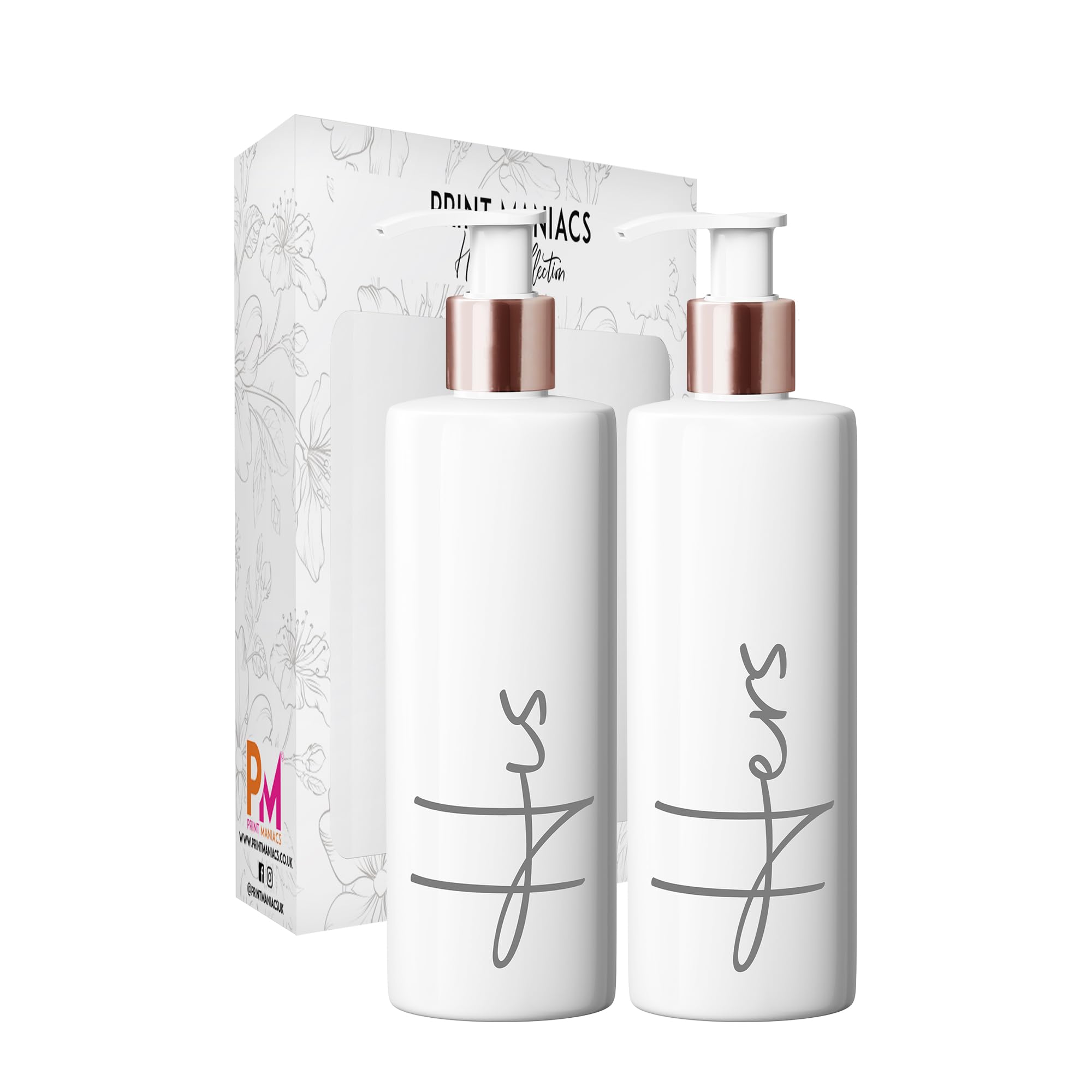Print Maniacs White Mrs Hinch Inspired Personalised 500ml Bottles Bathroom Lotion Kitchen Shampoo Conditioner Rose Gold Pump (His Hers, F2) (Grey)