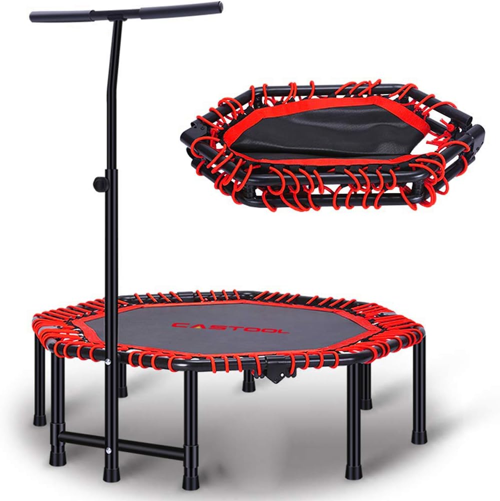 48''Ultra Quiet Fitness Mini Octagon Foldable Trampoline with Adjustable Handle,Safe Elastic Band โ Indoor Fitness/Home Workout Cardio Training for Adults (Red)