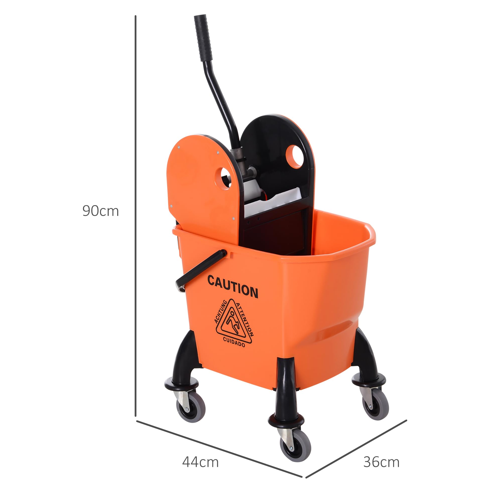HOMCOM Carro de limpieza Carro de limpieza con escurridor Cubo de limpieza de 26 litros Cubo con ruedas Carro para fregar, gancho para fregona Carro doméstico con 4 ruedas Naranja