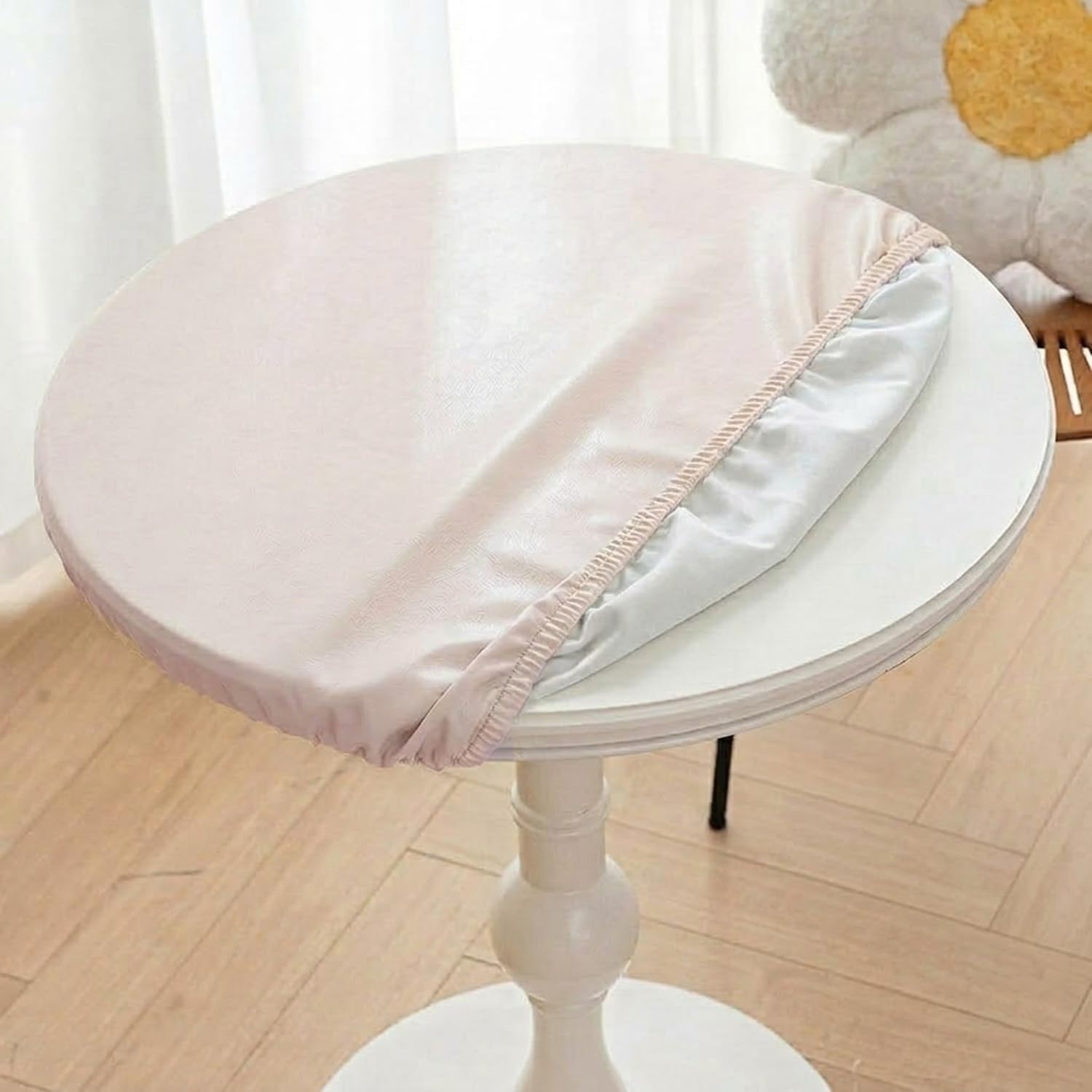Round Fitted Tablecloth PU Leather Waterproof Elasticated Edge Wipeable Circular Table Cover for Indoor Outdoor Patio BBQ Dining Table Protector(White,80cm)