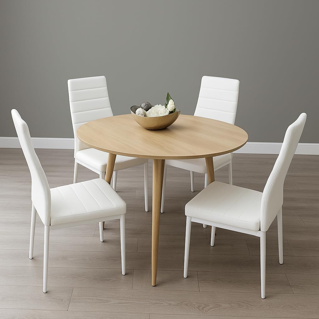 KOSY KOALA Round Dining Table and Chairs Set - Modern Wooden Kitchen Table with Padded Seating and 4 White Faux Leather Dining Chairs - 4 Seater Kitchen Room Furniture - 90 x 90 x 75 cm