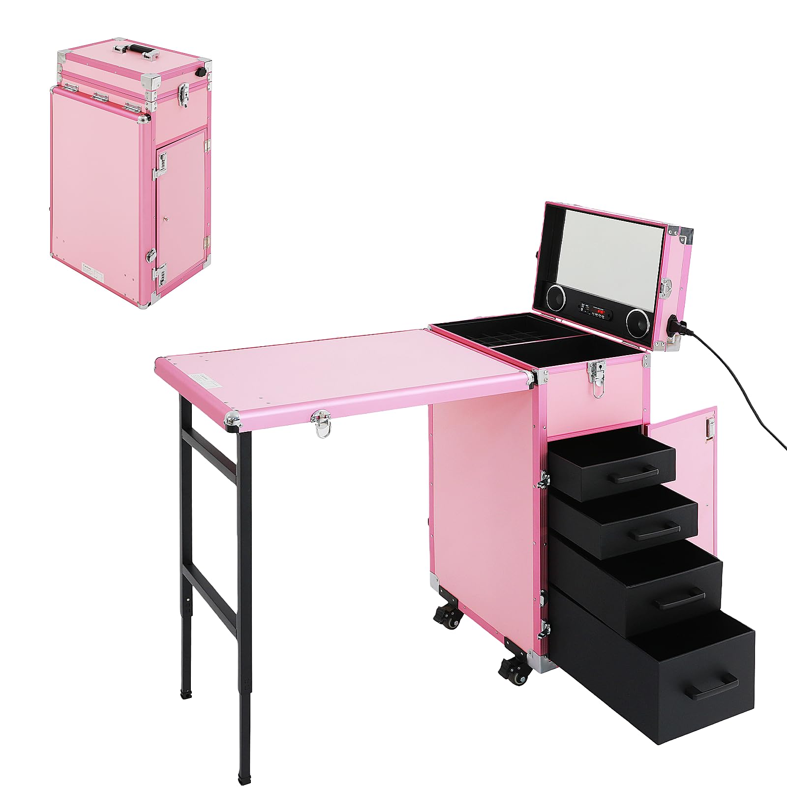 Valigetta cosmetica professionale Trolley 2 in 1 con tavolo fino a 50 kg, tavolo per unghie portatile con 4 cassetti e rotelle, custodia per parrucchiere multifunzione per stazioni di trucco