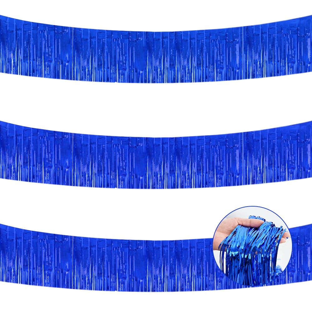 BEISHIDA 3 Packs Metallic Foil Fringe Garland Blue Wall Hanging Tinsel Fringe Banners for Valentine New Year Floats Bridal Shower Wedding Birthday Halloween Holiday Party Decoration(30 Feet)