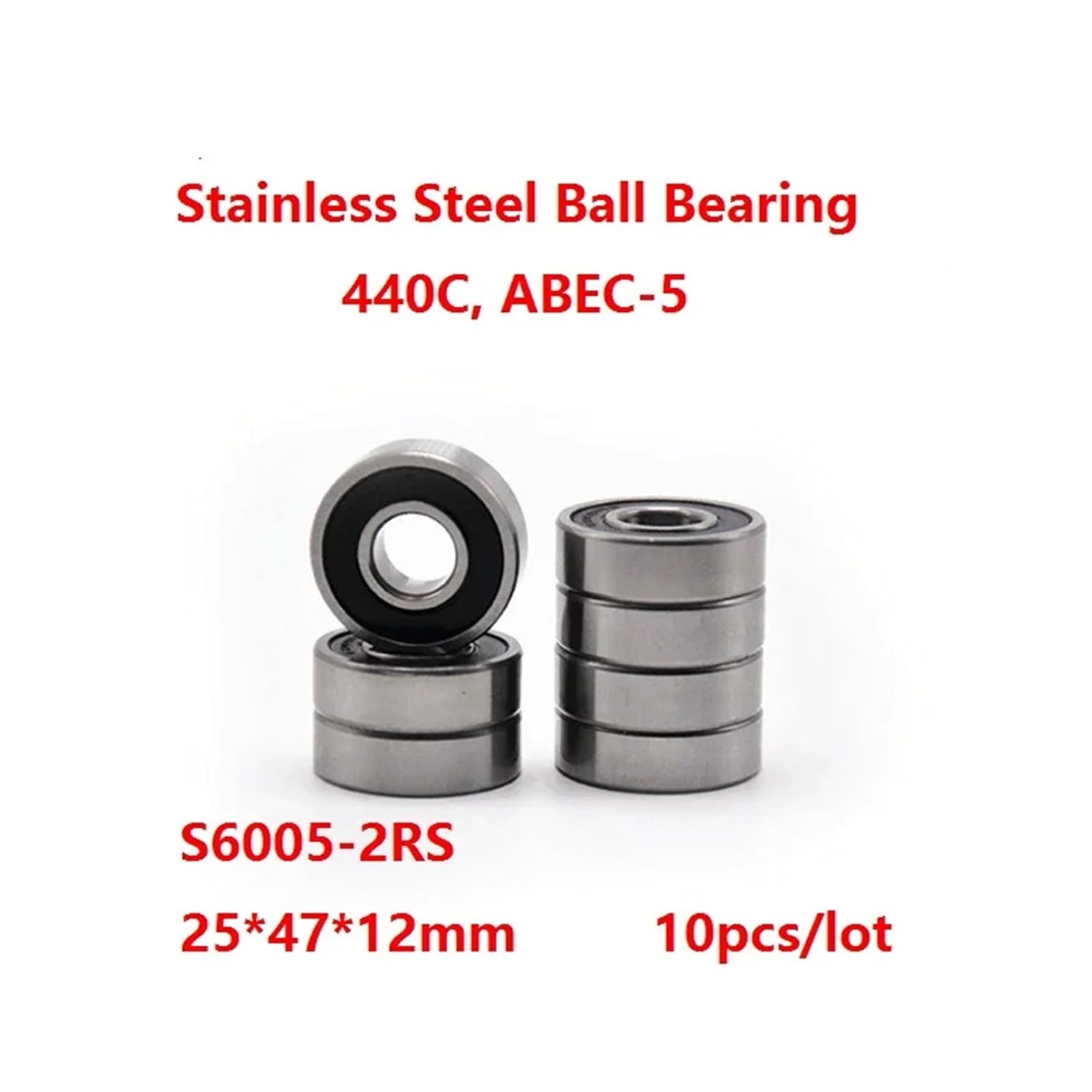 10 Unidades/Lote ABEC-5 S6005-2RS S6005RS 25 x 47 x 12 mm Rodamiento rígido de Bolas de Acero Inoxidable con Doble Cubierta de Goma 25 x 47 x 12 mm