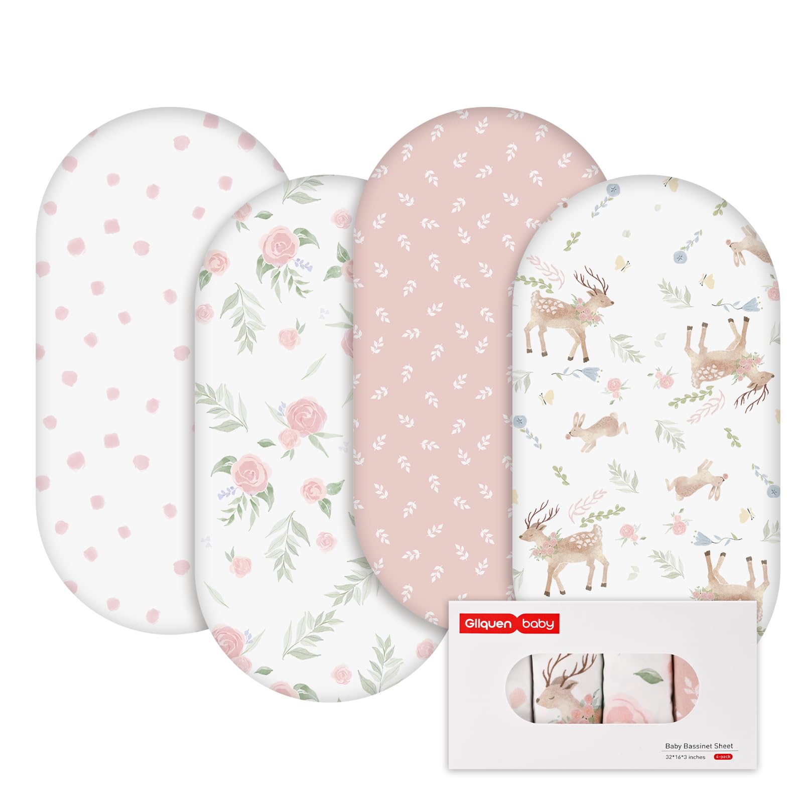 GLLQUEN BABY 4Pack Moses Basket Fitted Sheets, Newborn Pram Sheets Fitted