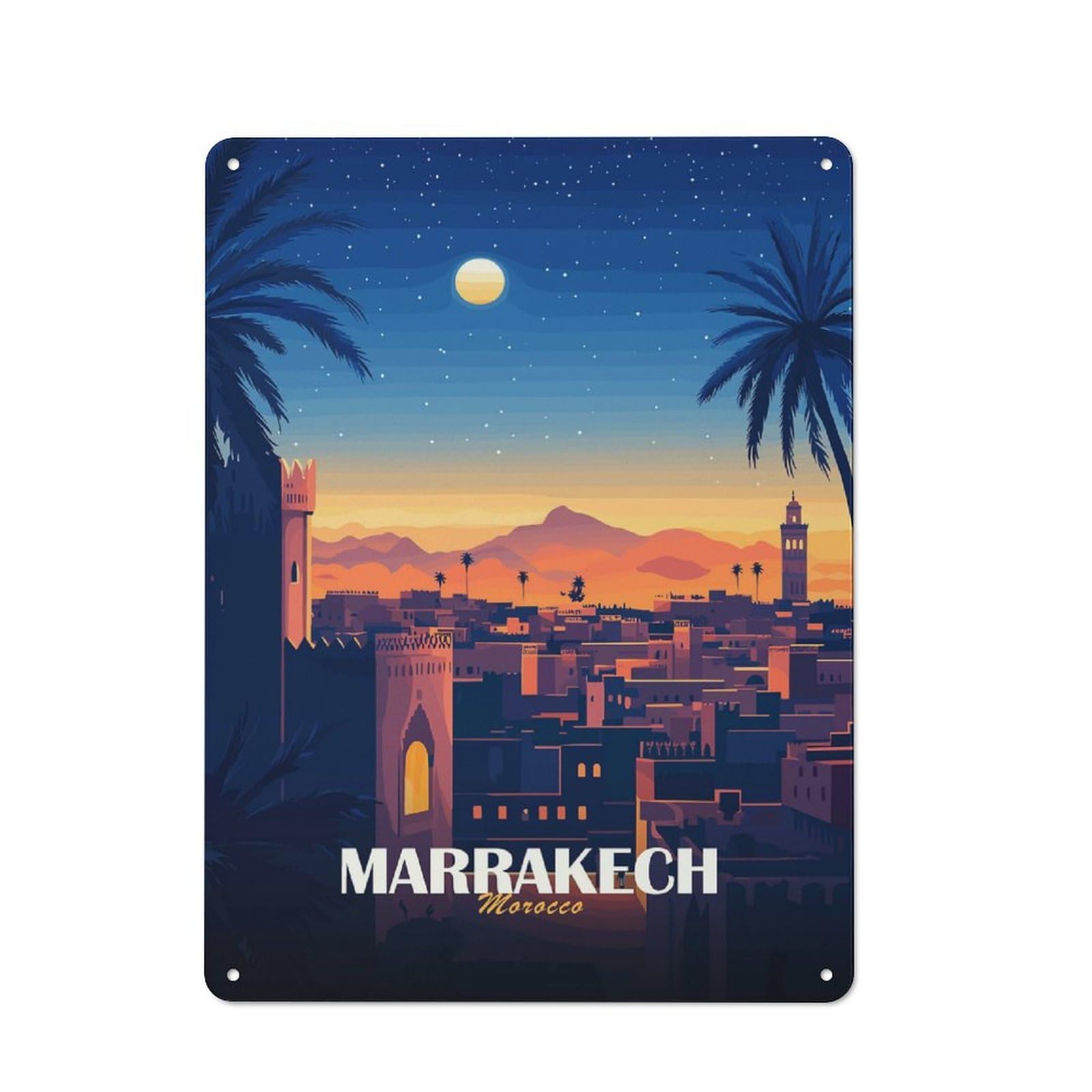 Junmoney Style-12 Metal Plaque 40X30cm With Marrakech, Morocco Cityscape At Night For Pub Or Café, Vintage Decor, For Vintage Wall Decor Fans, For Metal Sign Collectors