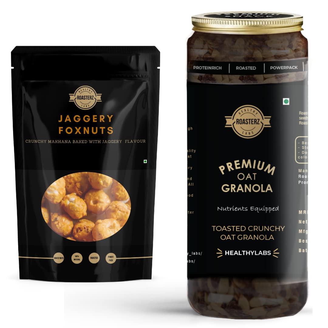 Roasterz Healthy Labs Dryfruit nuts Combo of Jaggery Gur Foxnuts Lotus seeds sweet and Oat Granola Muesli (Pack of 2) flavoured and Roasted, 250 Grams
