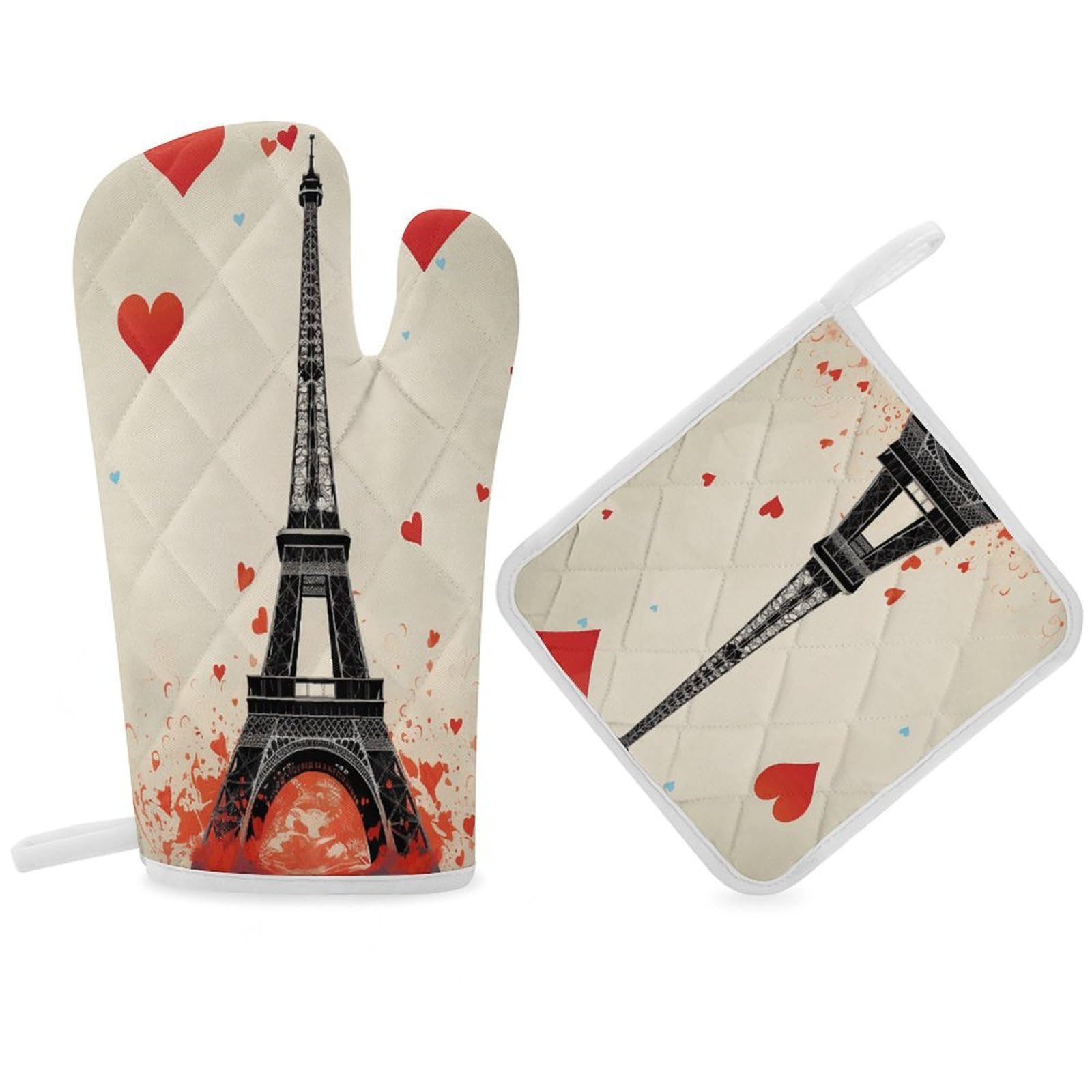 Fodpand Women's Style Eiffel Tower Heart Airplane Pattern Oven Mitts And Pot Holders Sets,Oven Gloves For Kitchen Oven Mitts And Potholders For Baking Cooking Grilling Apartment Essentials